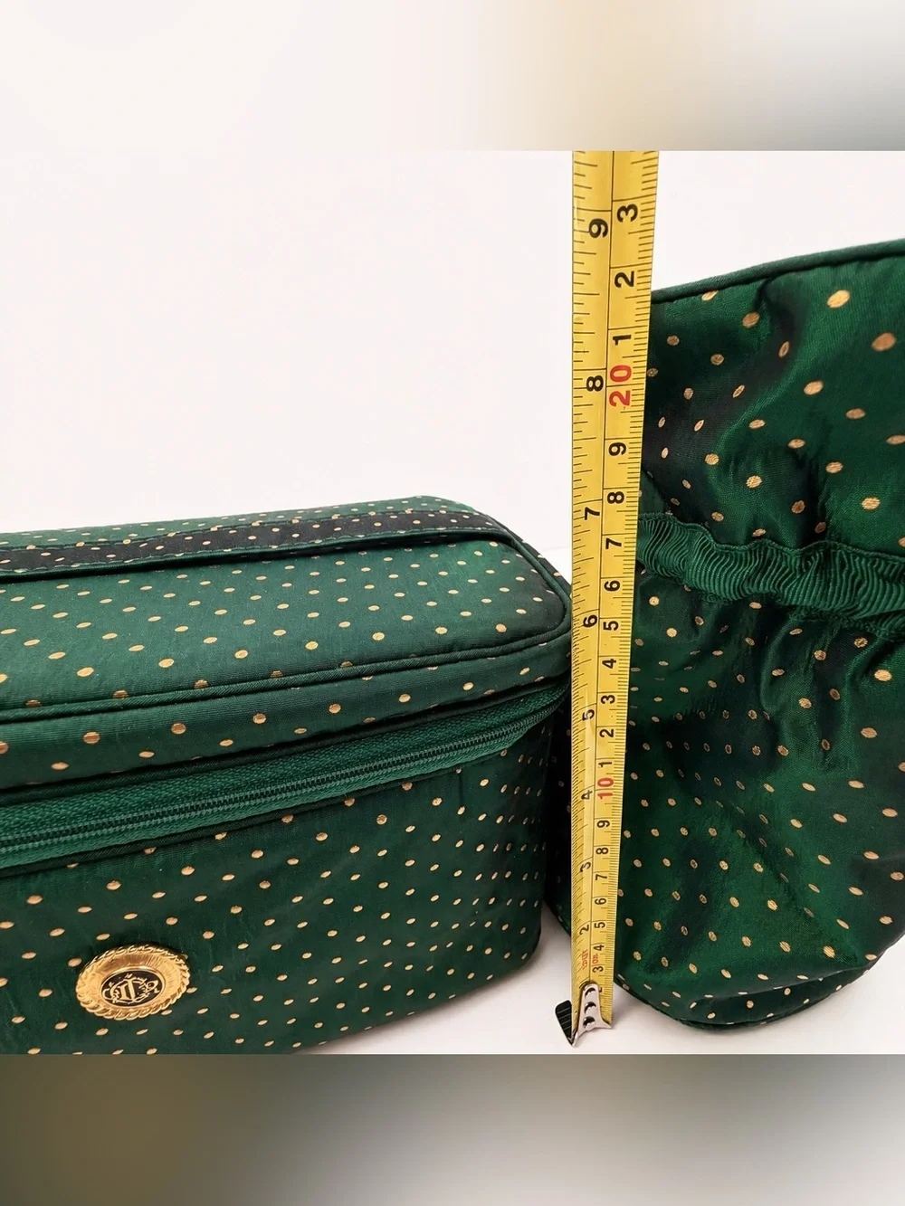 Vintage Dior Cosmetic Bag Set Green Gold Polka Dot NOS - Picture 15 of 16